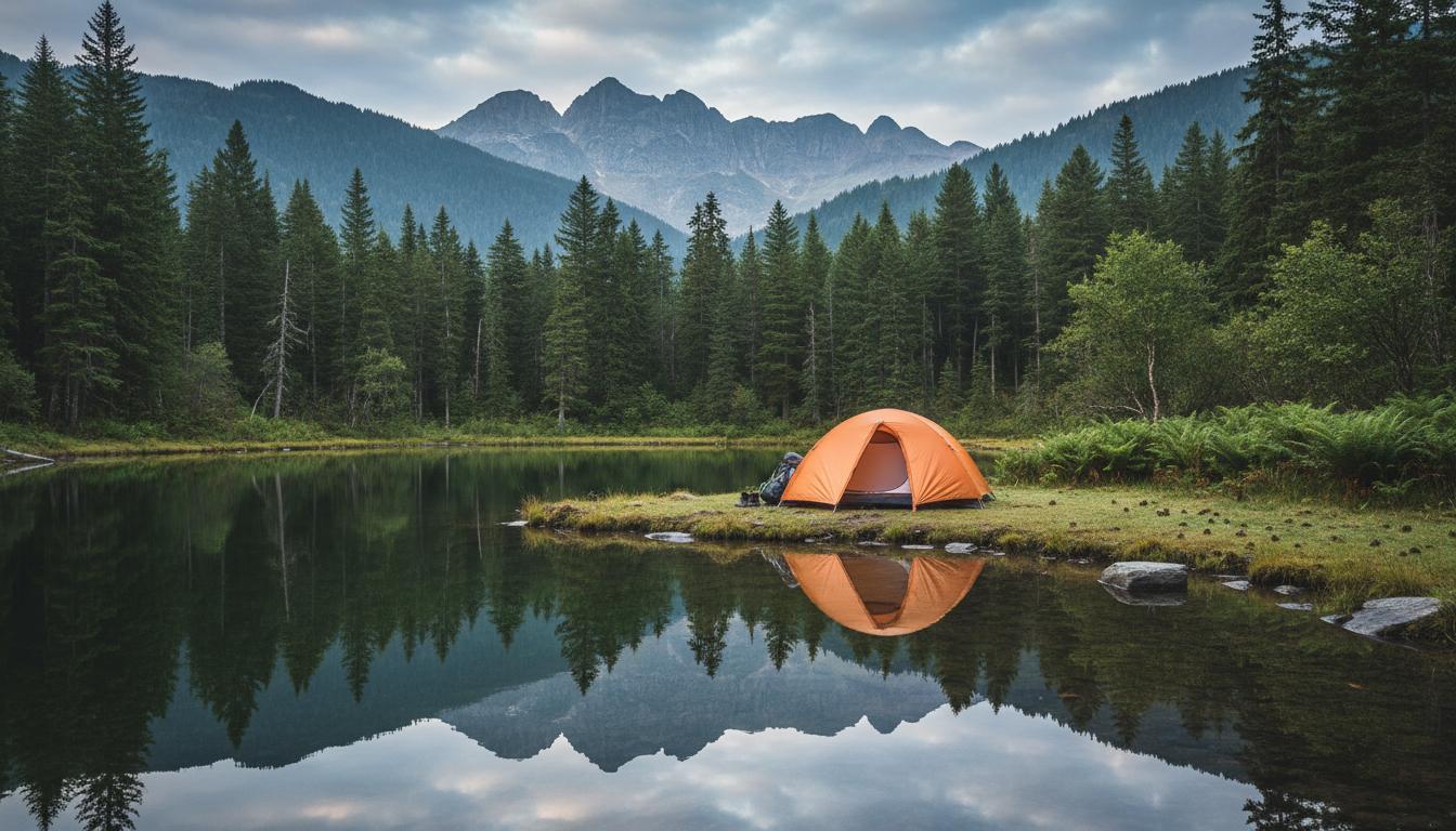 Camping tent by serene lake